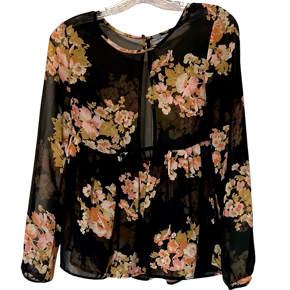 Charlotte Russe Sheer Floral Babydoll Top Size XS Black Multi whimsigoth…